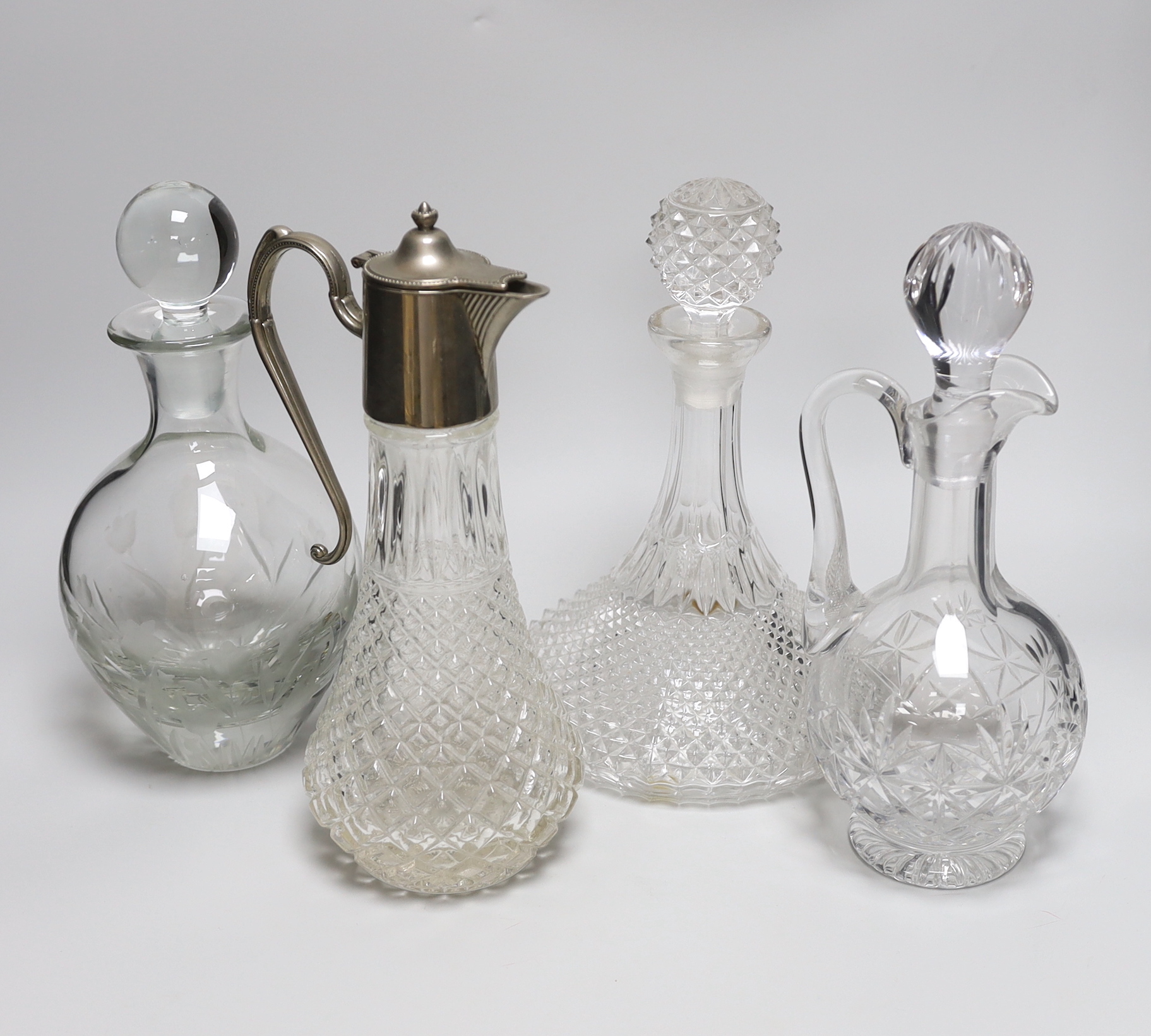 Two cut glass claret jugs, a decanter, ships decanter and two footed bowls (6)